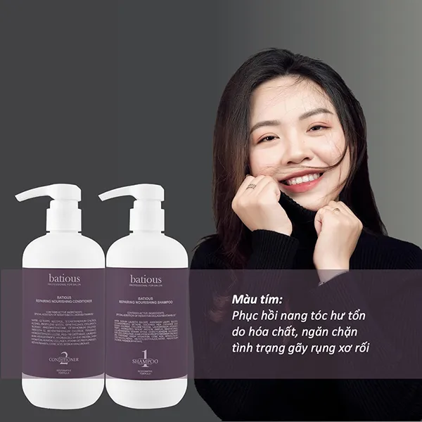 Cặp Dầu Gội + Dầu Xả Phục Hồi Đa Tầng Batious Repairing Nourising Màu Tím (2 x 960ml)