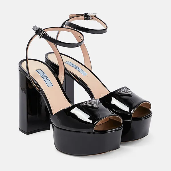 Dép Cao Gót Nữ Prada Patent Leather Platform Sandals Màu Đen Size 37