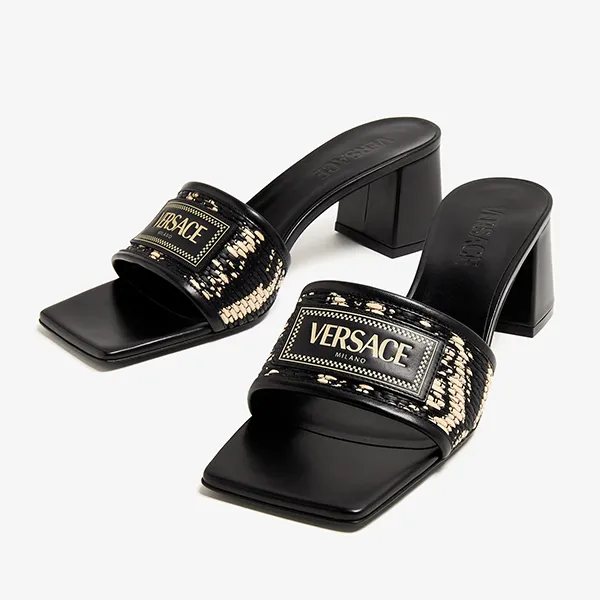 Dép Cao Gót Nữ Versace Theia Barocca Raffia Mules 1016940-1A12026-6X60V Màu Đen Vàng Size 36