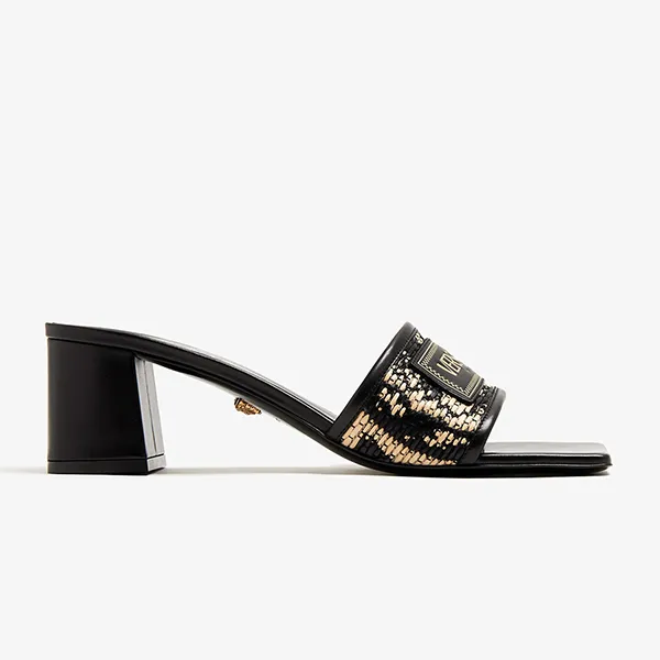 Dép Cao Gót Nữ Versace Theia Barocca Raffia Mules 1016940-1A12026-6X60V Màu Đen Vàng Size 36