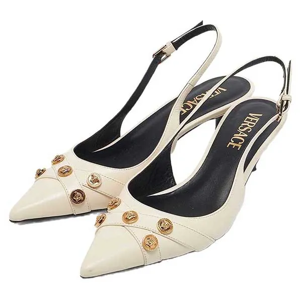 Dép Cao Gót Nữ Versace Leather Medusa Logo Pointed Toe Slingback Pumps Màu Trắng Size 35