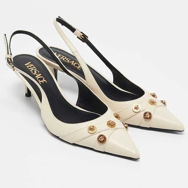 Dép Cao Gót Nữ Versace Leather Medusa Logo Pointed Toe Slingback Pumps Màu Trắng Size 35