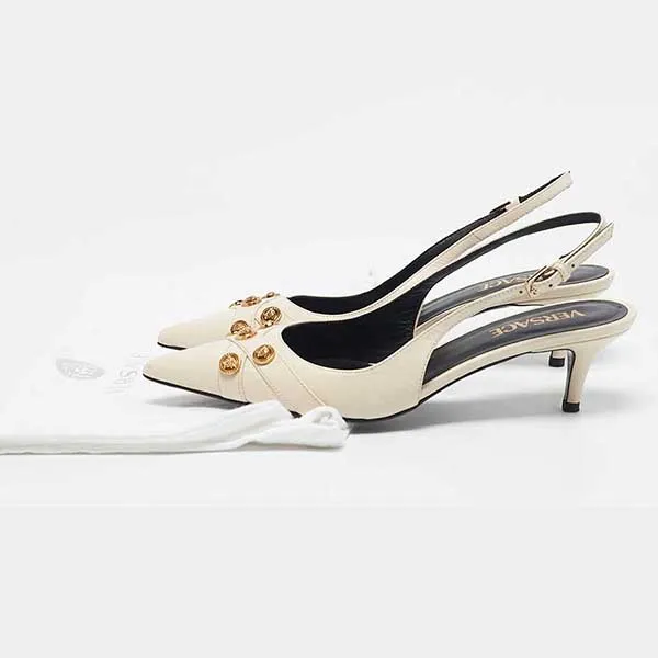 Dép Cao Gót Nữ Versace Leather Medusa Logo Pointed Toe Slingback Pumps Màu Trắng Size 35