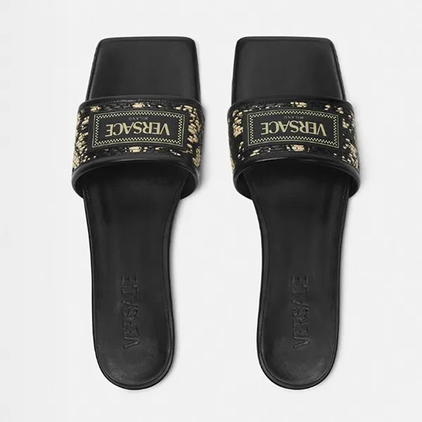 Dép Nữ Versace Theia Barocco Raffia Flats 1016941-1A12026_6X600 Màu Đen Vàng Size 36