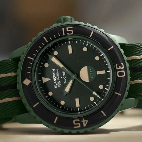 Đồng Hồ Nam Blancpain X Swatch Green ABYSS SO35G100 Bioceramic 42mm Watch Màu Xanh Olive