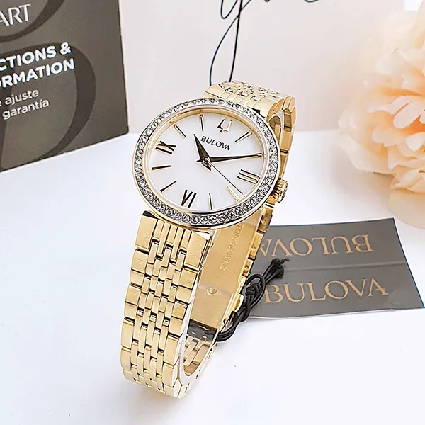 Đồng Hồ Nữ Bulova 98X122 Quartz White Dial Swarovski Gold Case & Stainless Steel For Lady Màu Vàng