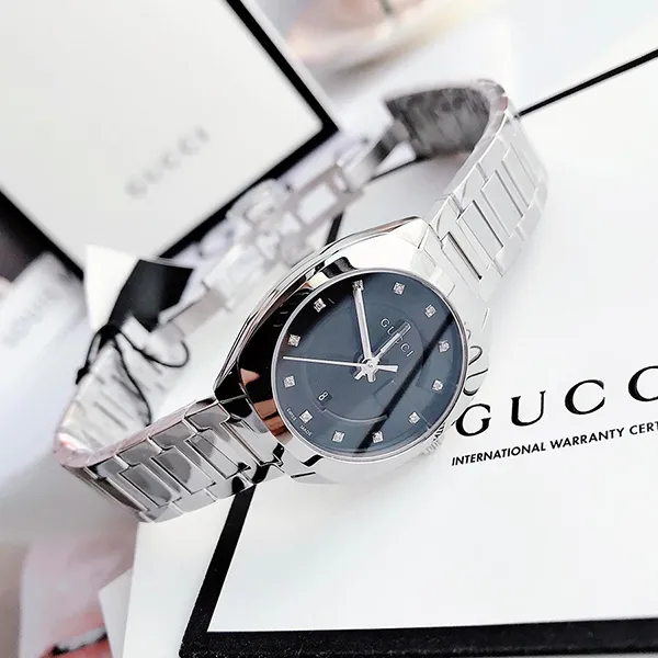 Đồng Hồ Nữ Gucci GG2570 Black Dial Diamond YA142503 29mm Màu Bạc Đen