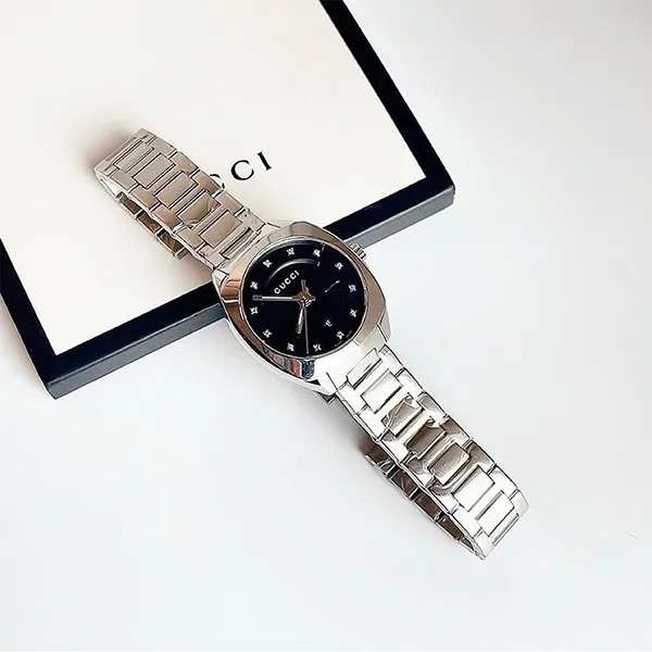 Đồng Hồ Nữ Gucci GG2570 Black Dial Diamond YA142503 29mm Màu Bạc Đen
