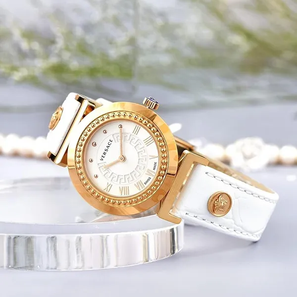 Đồng Hồ Nữ Versace Quartz P5Q80D001 S001 Vanity Calfskin Silver Dial Màu Trắng Vàng