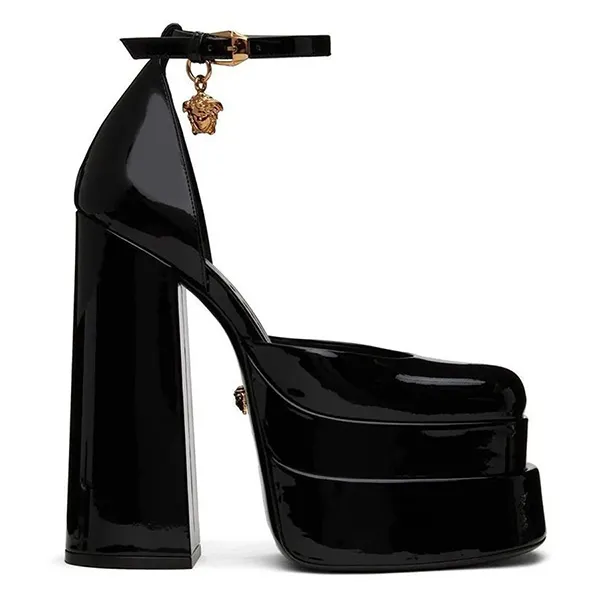 Giày Cao Gót Nữ Versace Medusa Aevitas Black Patent Crystal Logo Platform Pumps Màu Đen Size 37