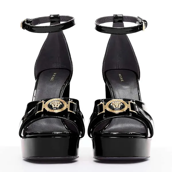 Giày Cao Gót Nữ Versace Tribute Noir Verni Or Medusa Open Toe Platform Sandal Màu Đen Size 36.5