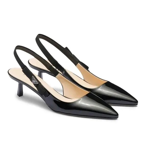 Giày Cao Gót Prada Triangle Logo Bow Pointed Toe Kitten Heel Slingback Pumps Sandals Màu Đen Size 38.5