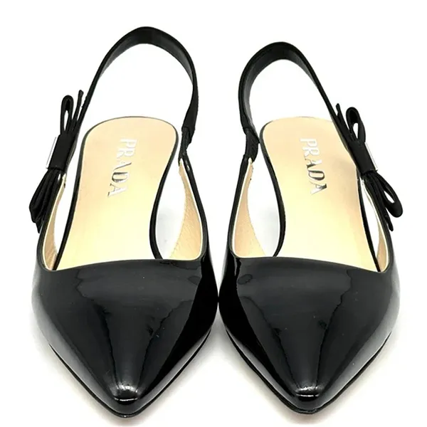 Giày Cao Gót Prada Triangle Logo Bow Pointed Toe Kitten Heel Slingback Pumps Sandals Màu Đen Size 38.5