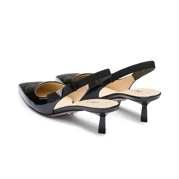 Giày Cao Gót Prada Triangle Logo Bow Pointed Toe Kitten Heel Slingback Pumps Sandals Màu Đen Size 38.5