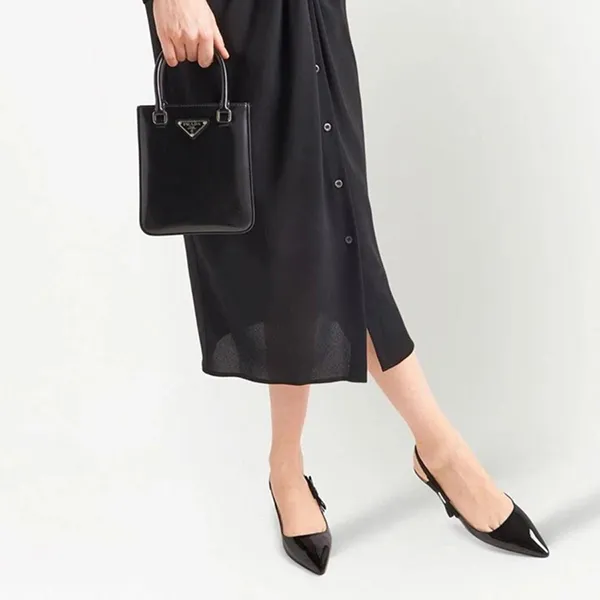 Giày Cao Gót Prada Triangle Logo Bow Pointed Toe Kitten Heel Slingback Pumps Sandals Màu Đen Size 38.5