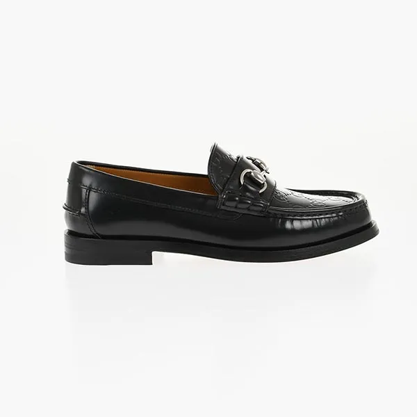 Giày Lười Nam Gucci Brushed Leather Loafers With Monogram Embossed Detail Màu Đen Size 39.5