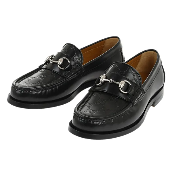 Giày Lười Nam Gucci Brushed Leather Loafers With Monogram Embossed Detail Màu Đen Size 39.5