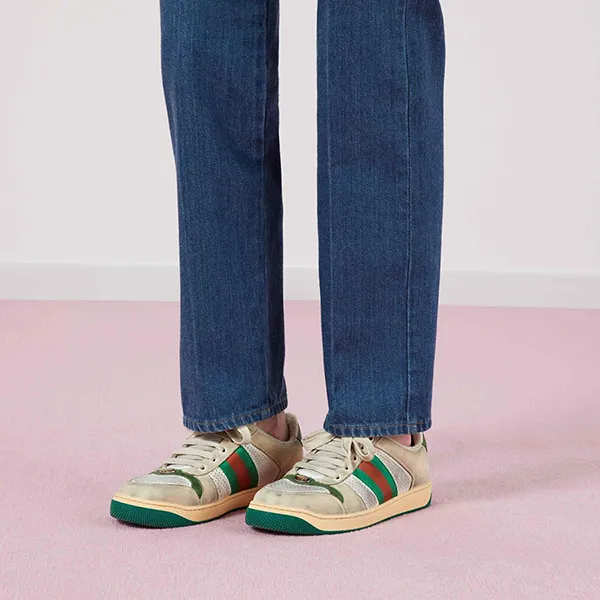 Giày Thể Thao Nữ Gucci Screener Leather Sneaker 570442-0YI20-9582 Màu Be/Xanh Size 35.5
