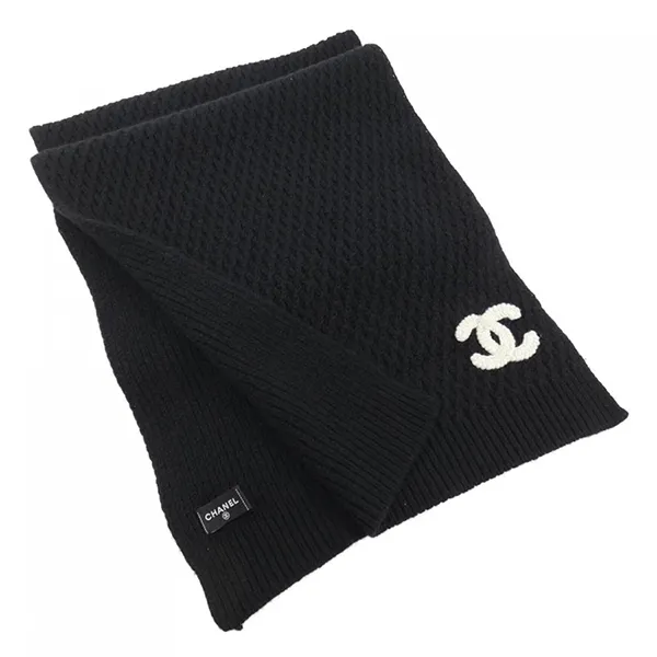 Khăn Quàng Cổ Chanel CC Logos Patch cashmere100 Scarf Black Màu Đen