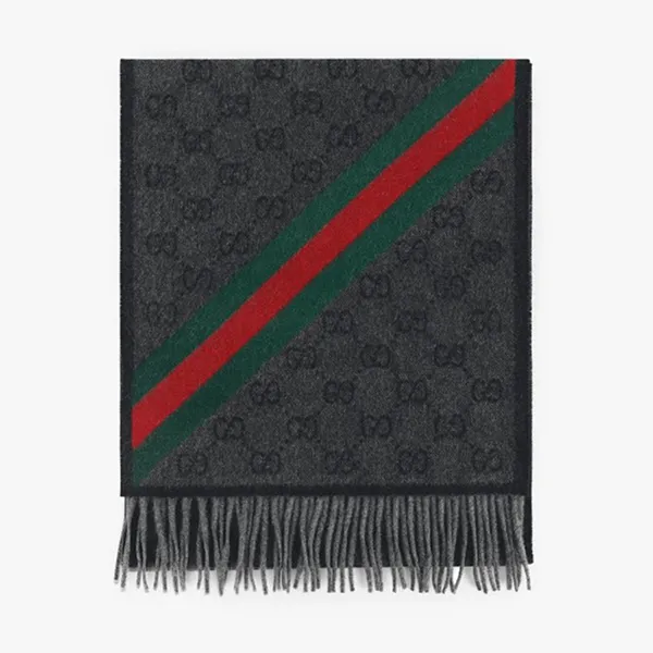 Khăn Quàng Cổ Gucci GG Web Wool Scarf 570603 3G200 1466 Màu Xám Đen