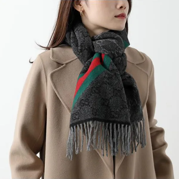Khăn Quàng Cổ Gucci GG Web Wool Scarf 570603 3G200 1466 Màu Xám Đen