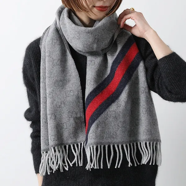 Khăn Quàng Cổ Gucci GG Web Wool Scarf 570603 3G200 1768 Màu Xám