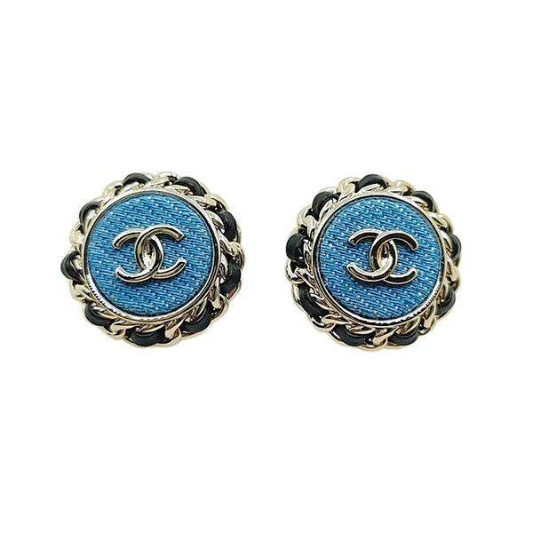 Khuyên Tai Nữ Chanel CC Logo Leather Pierced Denim Round Earrings Màu Xanh Denim