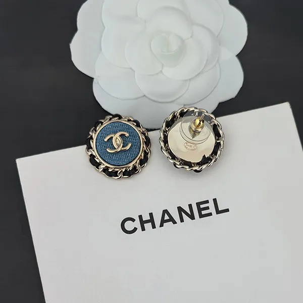 Khuyên Tai Nữ Chanel CC Logo Leather Pierced Denim Round Earrings Màu Xanh Denim