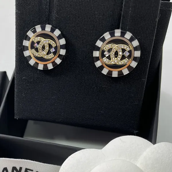 Khuyên Tai Nữ Chanel Round CC Logo Earrings Gold/Black/White (ABA113) Màu Đen Vàng