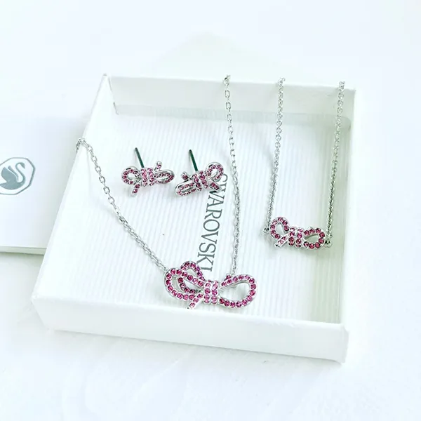 Set Dây chuyền + Vòng Đeo Tay + Khuyên Tai Nữ Swarovski Lifelong Bow Stud Earrings Pink Rhodium Plated Màu Bạc Hồng
