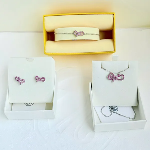 Set Dây chuyền + Vòng Đeo Tay + Khuyên Tai Nữ Swarovski Lifelong Bow Stud Earrings Pink Rhodium Plated Màu Bạc Hồng