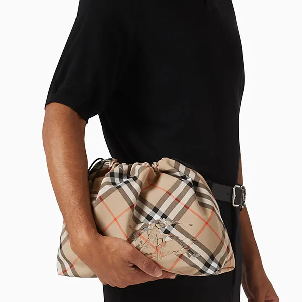 Túi Cầm Tay Nam Burberry Check Drawstring Pouch Màu Be