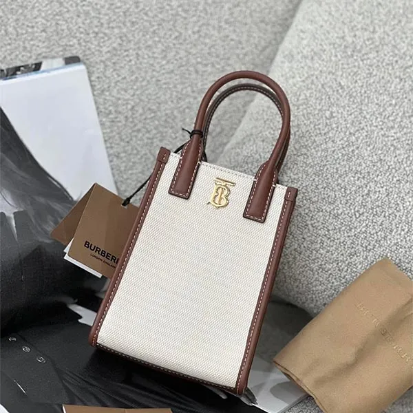 Túi Đeo Chéo Nữ Burberry Canvas Leather Micro Frances Tote Ecru Crossbody Bag 80524601 Màu Be Nâu