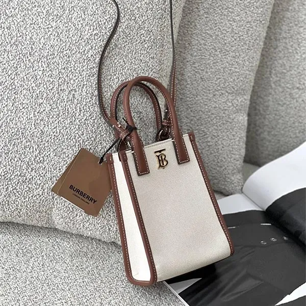 Túi Đeo Chéo Nữ Burberry Canvas Leather Micro Frances Tote Ecru Crossbody Bag 80524601 Màu Be Nâu