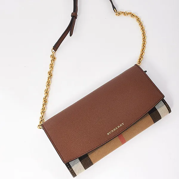 Túi Đeo Chéo Nữ Burberry Check Canvas & Brown Leather Henley Wallet On Chain Màu Nâu