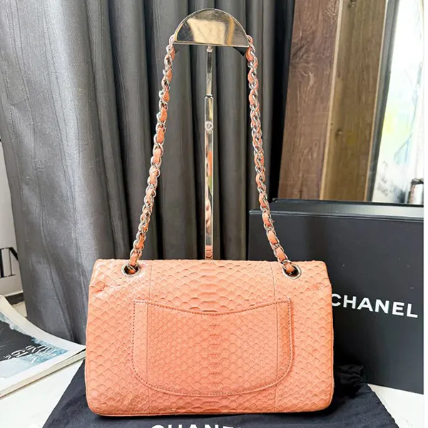 Túi Đeo Chéo Nữ Chanel Classic Double Flap Bag Python Jumbo Màu Hồng Cam