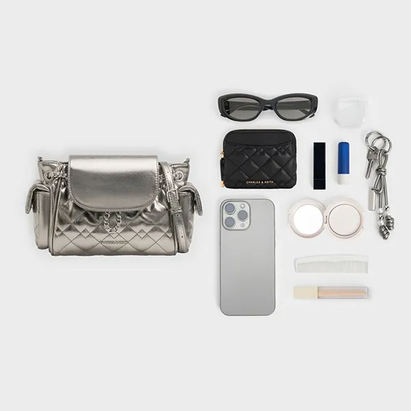 Túi Đeo Chéo Nữ Charles & Keith CNK Duo Quilted Two-Way Front Flap Backpack Backpack Pewter CK2-60782702 Màu Bạc