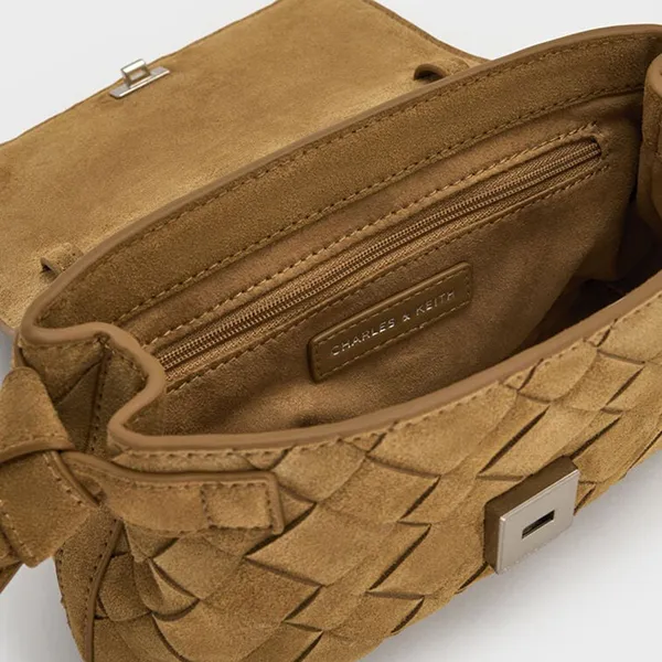 Túi Đeo Chéo Nữ Charles & Keith CNK Ivette Recycled Suede Woven Crossbody Bag Sahara Sand CK2-80151564-1 Màu Vàng Cát