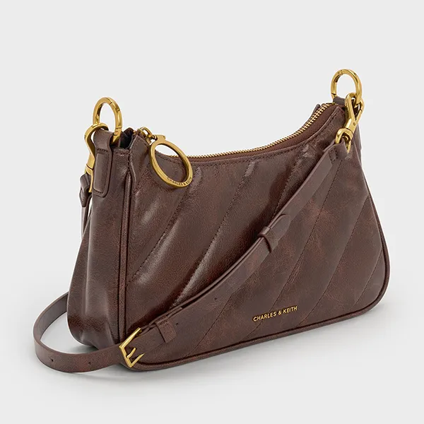 Túi Đeo Chéo Nữ Charles & Keith CNK Philomena Crinkle-Effect Chain-Strap Crossbody Bag CK2-80151347-3 Màu Nâu