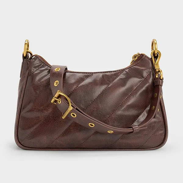 Túi Đeo Chéo Nữ Charles & Keith CNK Philomena Crinkle-Effect Chain-Strap Crossbody Bag CK2-80151347-3 Màu Nâu