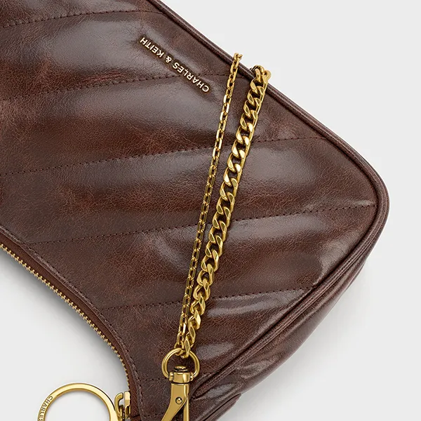 Túi Đeo Chéo Nữ Charles & Keith CNK Philomena Crinkle-Effect Chain-Strap Crossbody Bag CK2-80151347-3 Màu Nâu