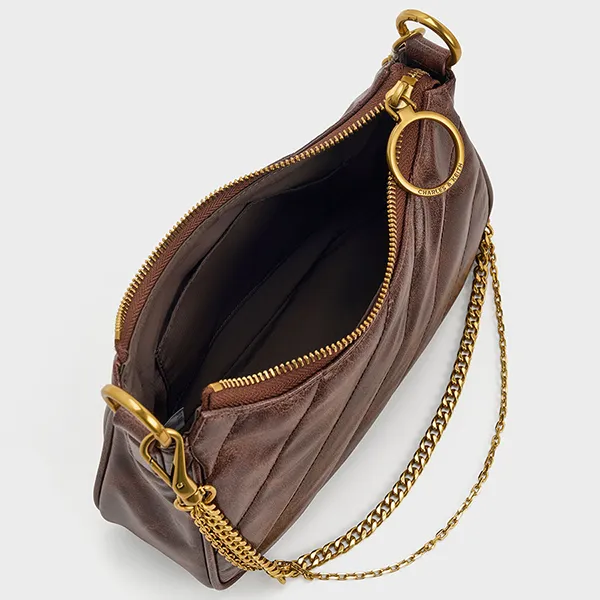 Túi Đeo Chéo Nữ Charles & Keith CNK Philomena Crinkle-Effect Chain-Strap Crossbody Bag CK2-80151347-3 Màu Nâu