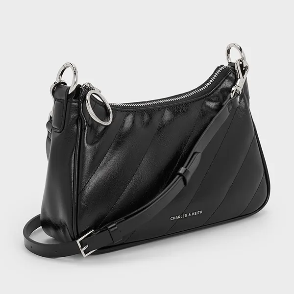Túi Đeo Chéo Nữ Charles & Keith CNK Philomena Crinkle-Effect Chain-Strap Noir CK2-80151347-3 Màu Đen