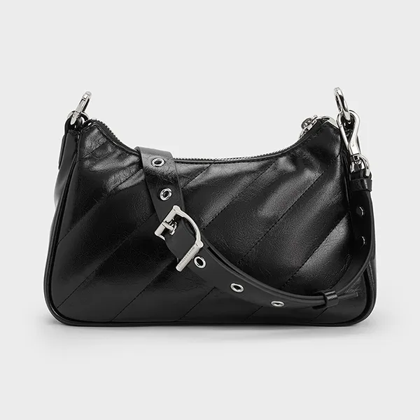 Túi Đeo Chéo Nữ Charles & Keith CNK Philomena Crinkle-Effect Chain-Strap Noir CK2-80151347-3 Màu Đen