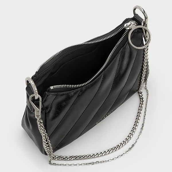 Túi Đeo Chéo Nữ Charles & Keith CNK Philomena Crinkle-Effect Chain-Strap Noir CK2-80151347-3 Màu Đen