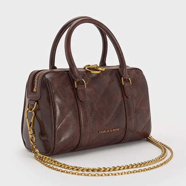 Túi Đeo Chéo Nữ Charles & Keith CNK Philomena Panelled Chain-Handle Bowling Bag CK2-30151559 Màu Nâu