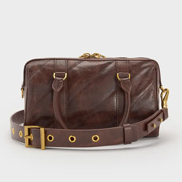Túi Đeo Chéo Nữ Charles & Keith CNK Philomena Panelled Chain-Handle Bowling Bag CK2-30151559 Màu Nâu