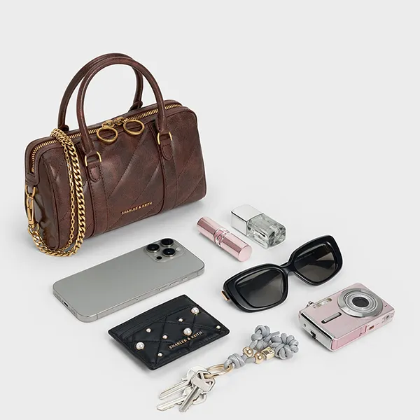 Túi Đeo Chéo Nữ Charles & Keith CNK Philomena Panelled Chain-Handle Bowling Bag CK2-30151559 Màu Nâu