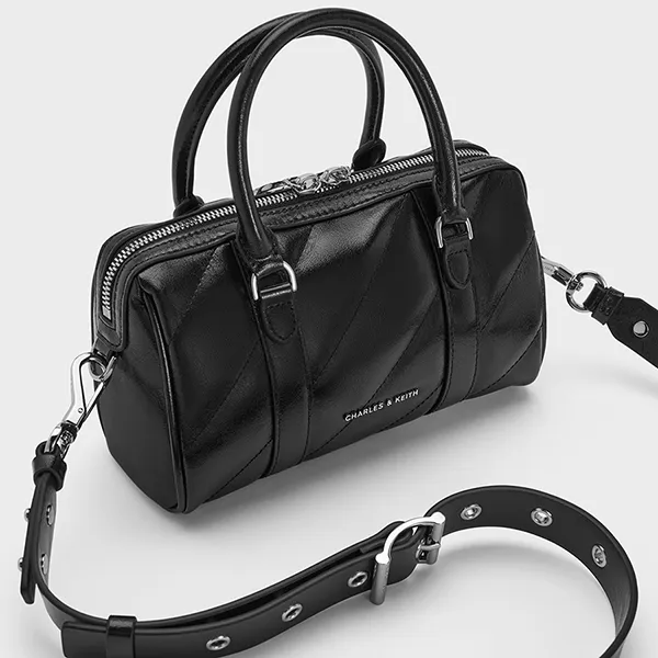 Túi Đeo Chéo Nữ Charles & Keith CNK Philomena Panelled Chain-Handle Bowling Bag Noir CK2-30151559 Màu Đen