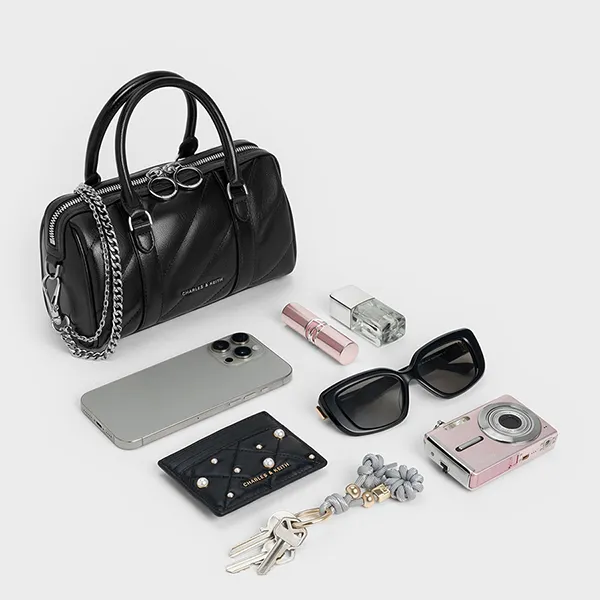 Túi Đeo Chéo Nữ Charles & Keith CNK Philomena Panelled Chain-Handle Bowling Bag Noir CK2-30151559 Màu Đen